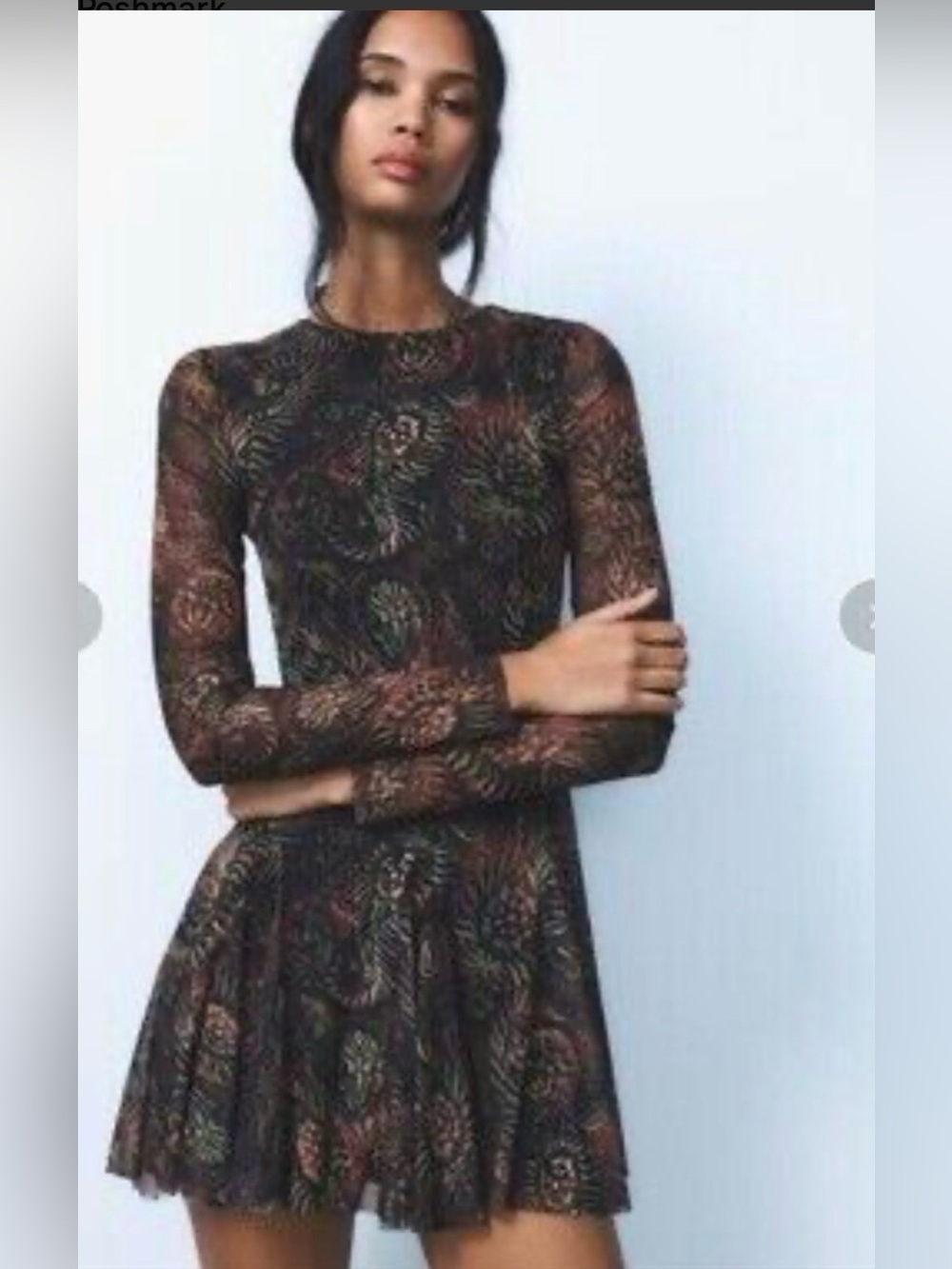 Zara Black Long-Sleeve Floral Lace Mini Dress